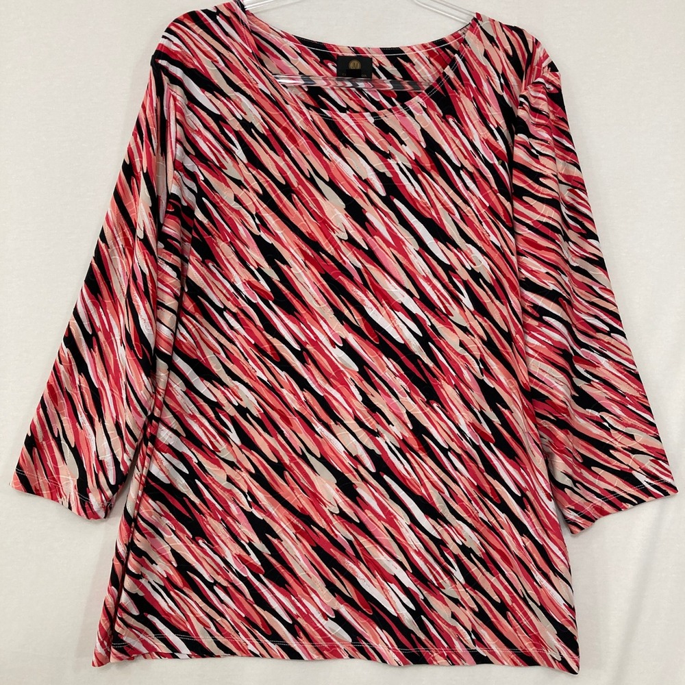 JM Collection Top XXL Red Abstract Brushstroke 3/4 Sleeve Stretch Knit‎